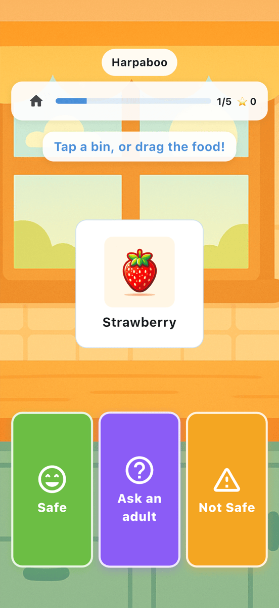 Harpaboo gameplay on iPhone: a food question with safe, not-safe, and ask-an-adult choices